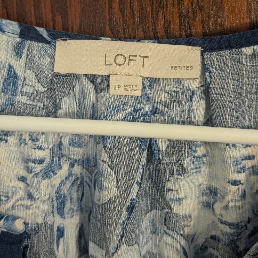 Loft Blue Hawaiian Vacation Print Short Sleeve Midi Dress Size Large Petite - Picture 2 of 7